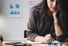 business woman using calculator doing math